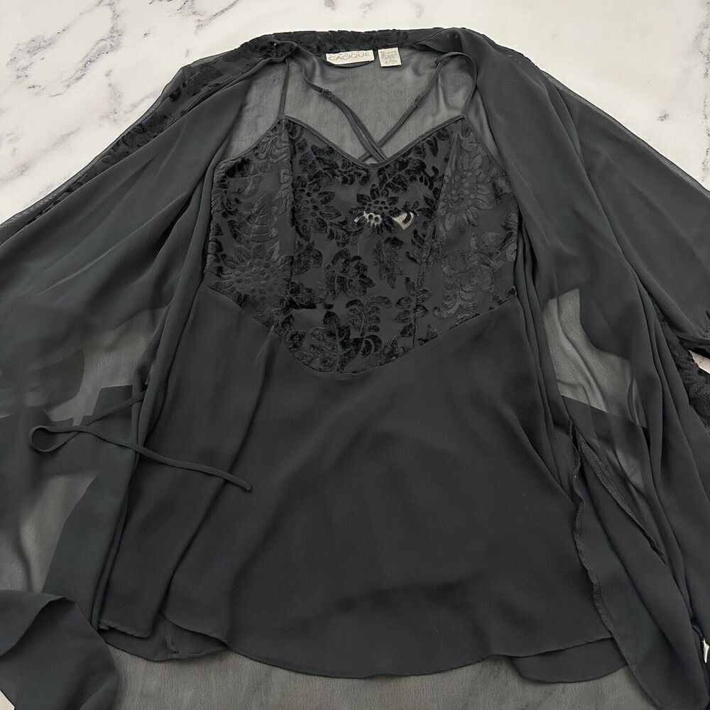 Cacique Womens Vintage Negligee Slip Robe Set Plus Size S Black Sheer Floral - Picture 7 of 16